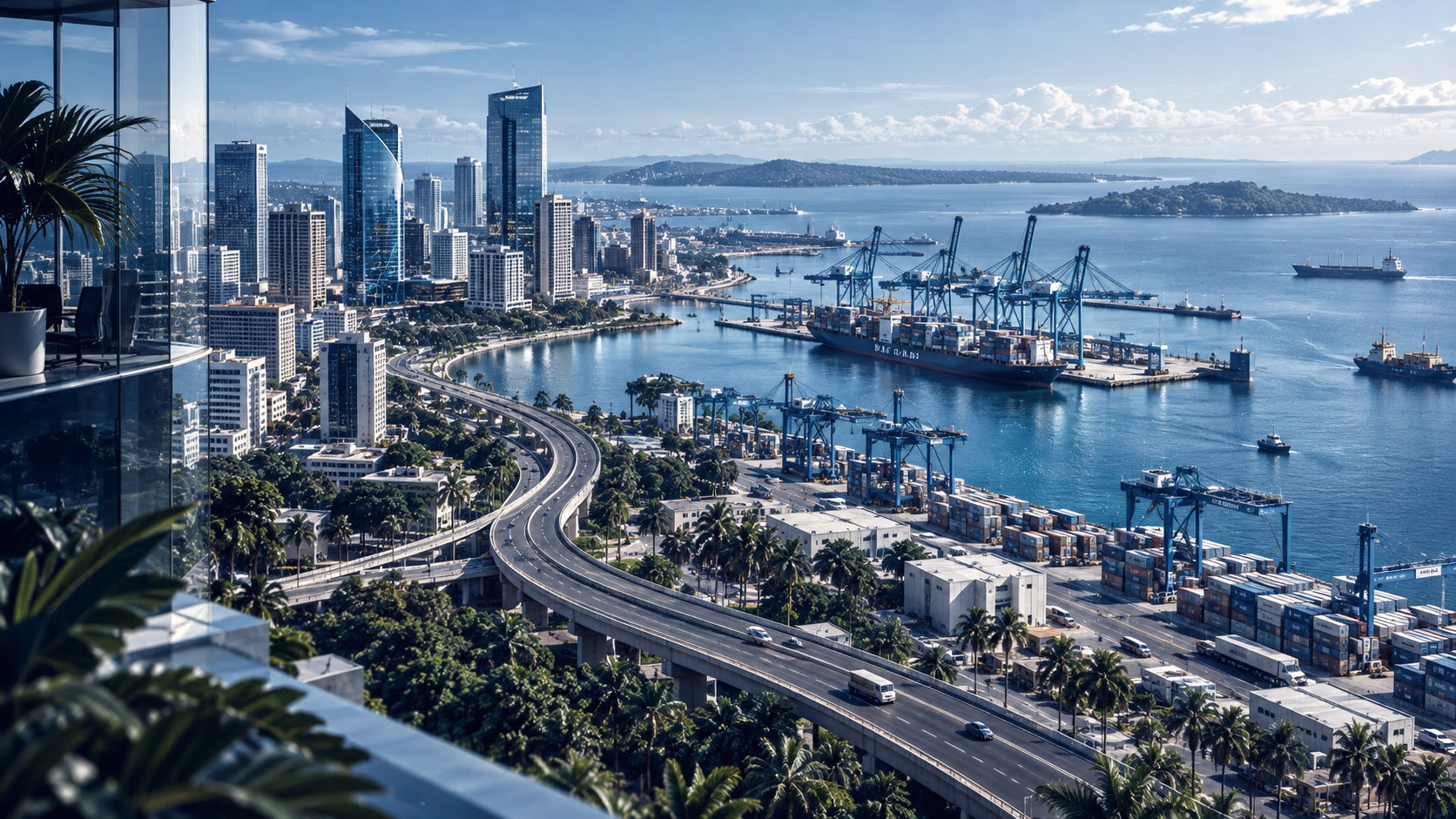 A coastal port city with cranes, highways and a modern skyline