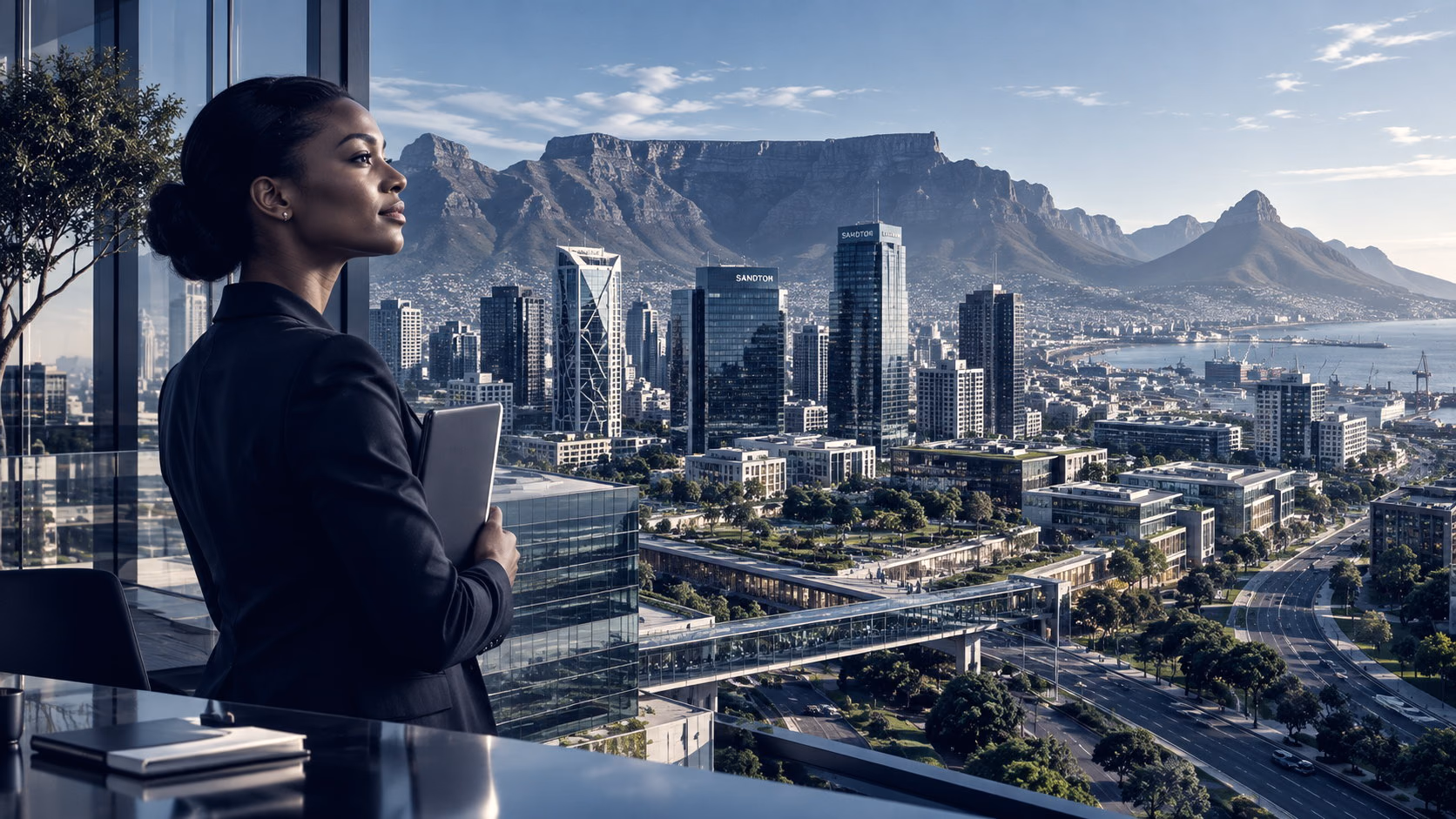 An executive at a window overlooking a city and mountain