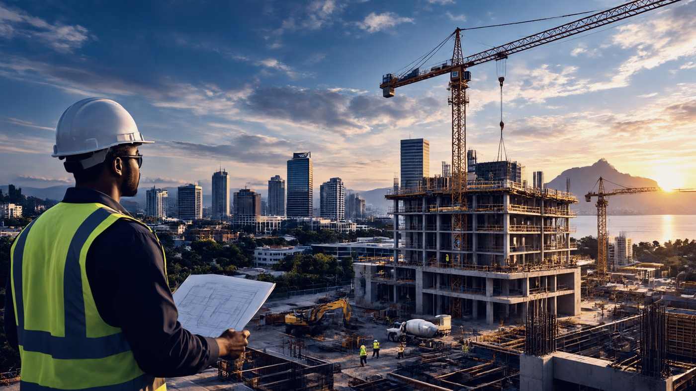 A construction engineer reviewing drawings on a high-rise site at sunrise