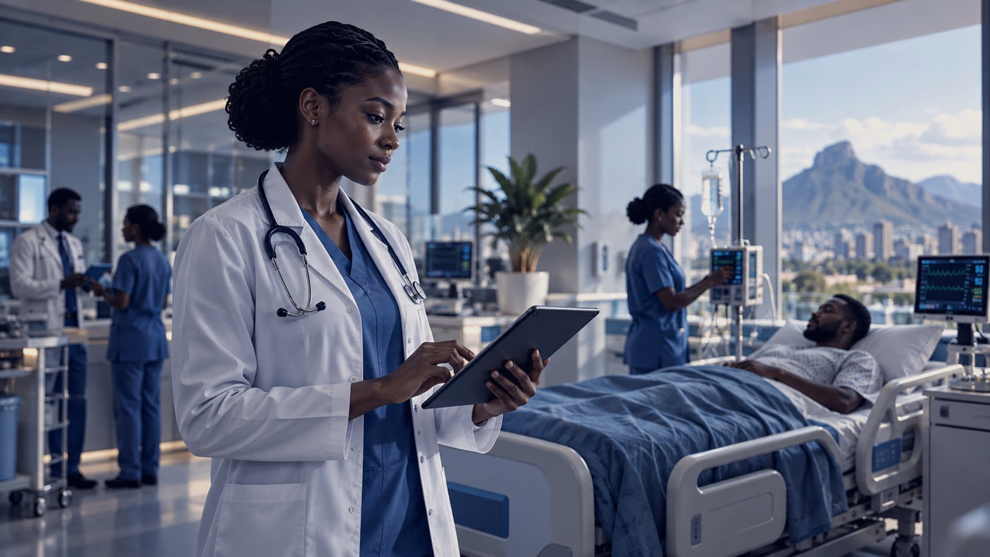 A doctor reviewing a patient record on a tablet in a modern ward
