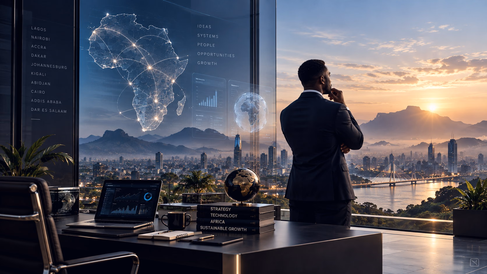 An executive studying a map of African markets and their connections at sunrise