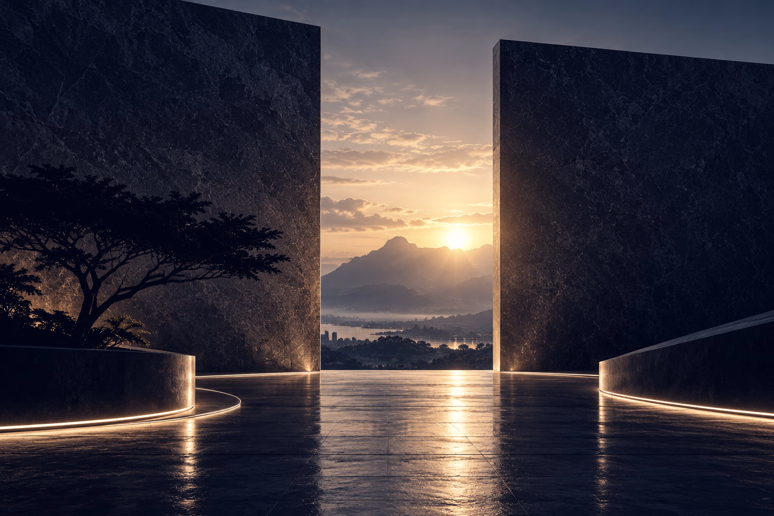 Two dark stone monoliths framing a sunrise over a still pool